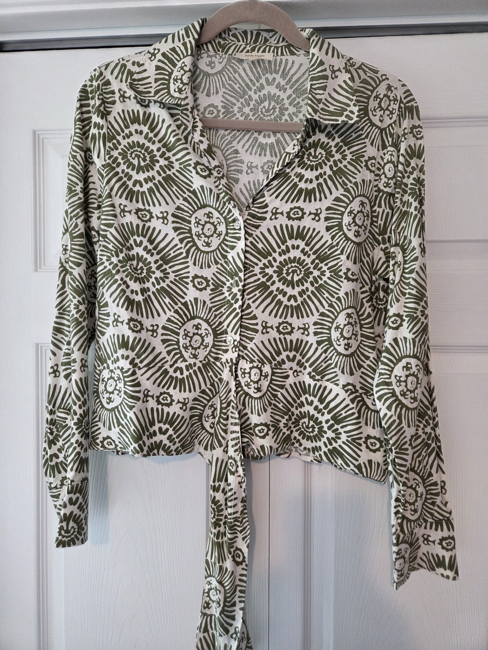 Haute Hippie Olive and Cream Printed Button-Front Blouse SZ L